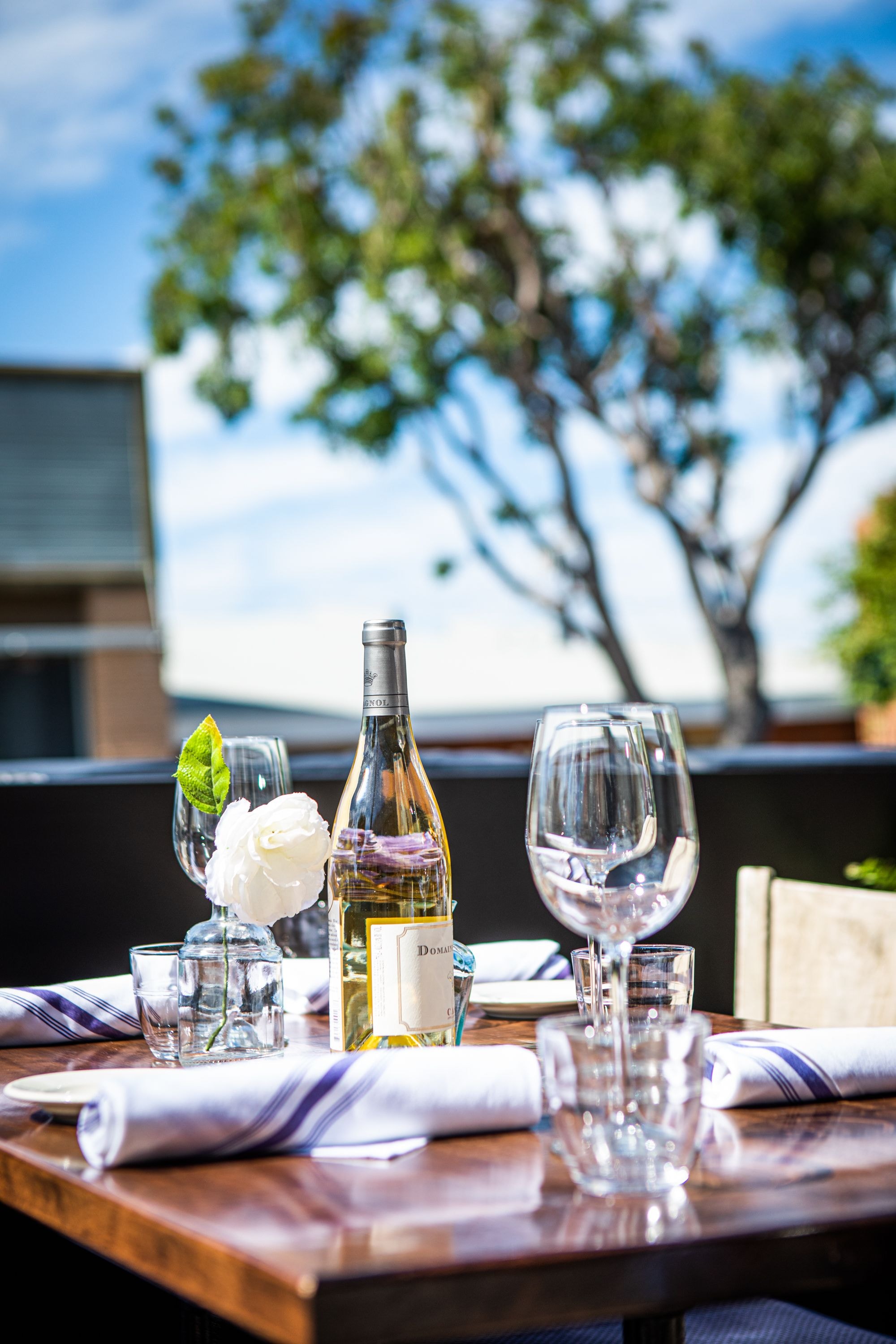 Outdoor table set with wine, glassware, and white rose centerpiece.
